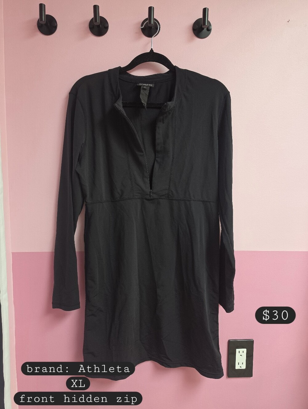 Athleta Black Long-Sleeve Midi Dress with Hidden Zip